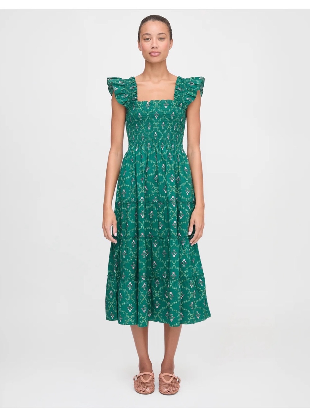 Hill House Emerald Green Floral Smocked Midi Dress The Nap Dress (B7)